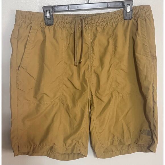 North Face Large Mens Pull Up Shorts Olive Green Zippered Pocket Quick Dry Nylon - Picture 1 of 7